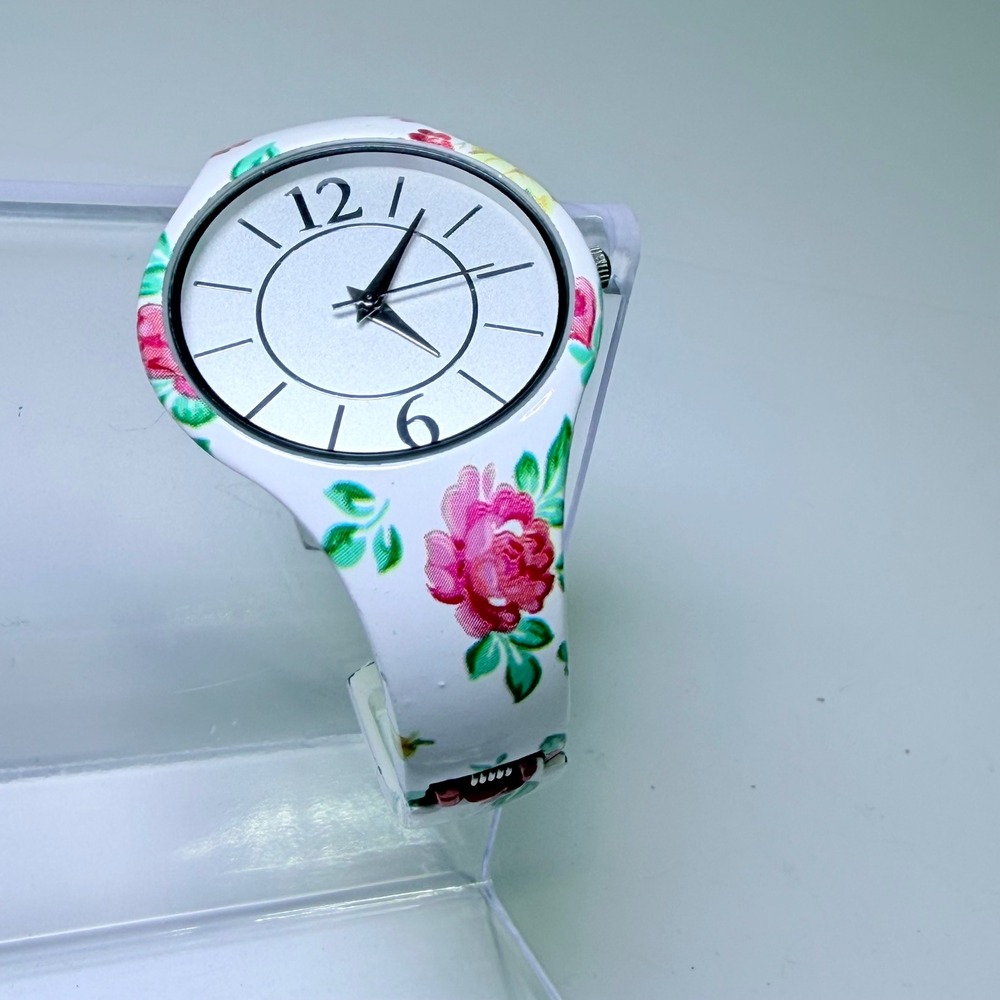 Accutime Womens Floral Cuff Bangle Watch White Pink Rose PC21J LDSBANSTWM